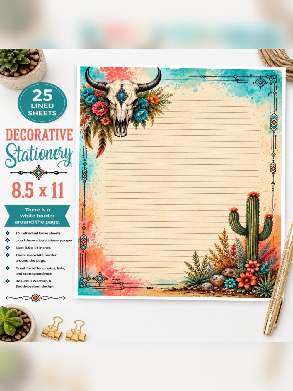 Western Bull Skull Cactus Decorative Stationery 25 Lined Sheets 8.5x11